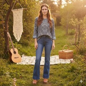 Bob Mackie Wearable Art Knit Tunic Top 1X Paisley Print Boat Neck Flowy 70s Boho